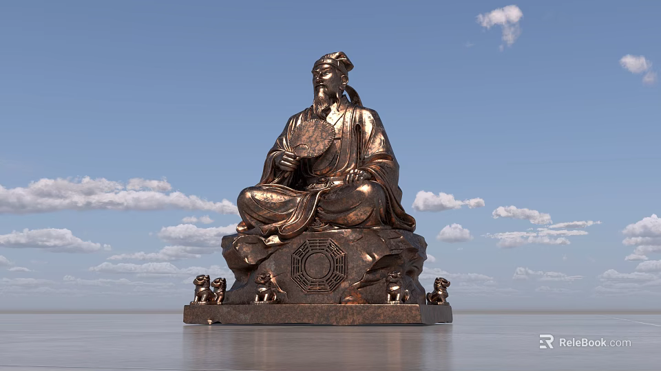 Ancient Bronze Seated Statue Holding Fan With Lion Figures On Base Against Blue Sky Background 3d model 