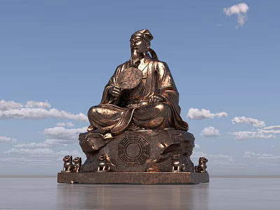 Ancient Bronze Seated Statue Holding Fan With Lion Figures On Base Against Blue Sky Background 3d model
