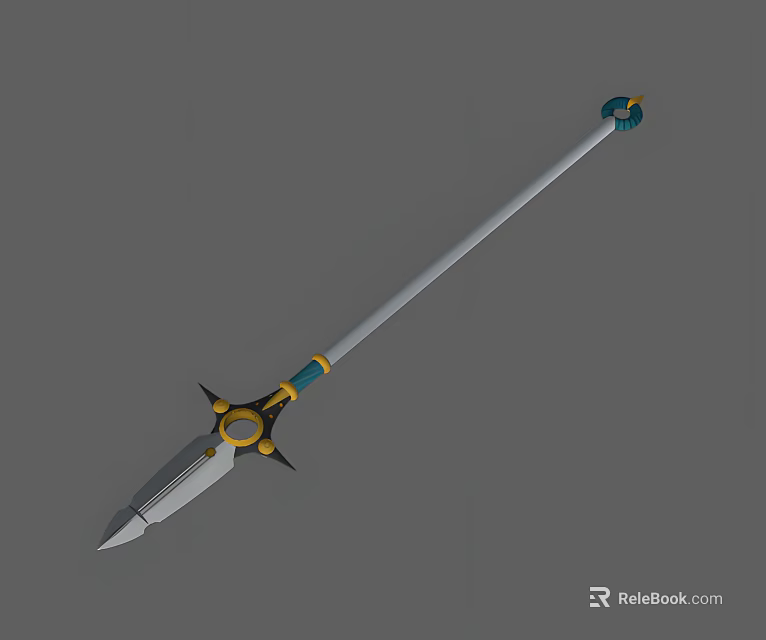 Spear Weapon With Long Silver Shaft Blue Gold Accents And Pointed Spearhead 3d model 