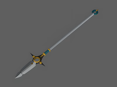 Spear Weapon With Long Silver Shaft Blue Gold Accents And Pointed Spearhead 3d model