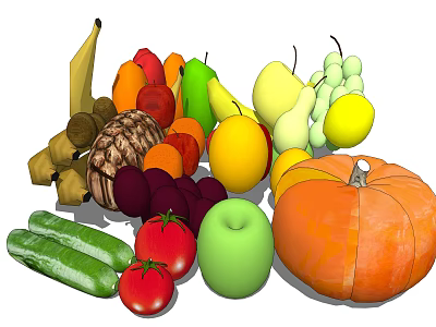 Fresh Assorted Fruits Collection With Banana Pineapple Orange Apple Pear And Grapes 3d model