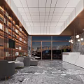 Luxurious Hotel Lobby Interior With Marble Floor Reception Desk Hanging Lights And Bookshelf Seating