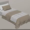 Single Bed with Light Gray Headboard White and Brown Pillows and Striped Geometric Pattern Bedspread 3d model