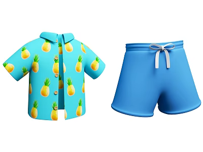 Fashionable Hanger Holding Blue Pineapple Pattern Shirt and Blue Bow Shorts 3d model