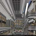 Shopping Mall Atrium with Glass Skylight Ceiling Multiple Escalators Retail Shops and Shoppers