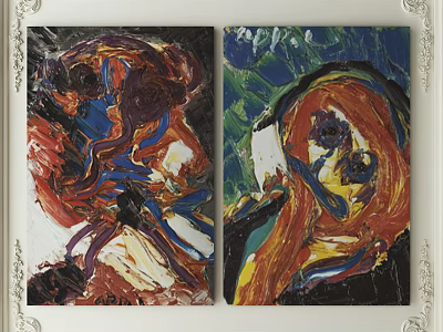 Abstract Paintings With Colorful Red Blue Green Yellow Hues And Thick Brushstrokes On White Wall 3d model