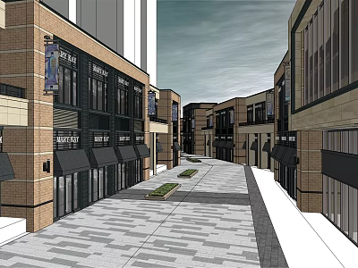 Modern Commercial Street With Storefronts Pedestrian Walkway And Urban Architecture 3d model