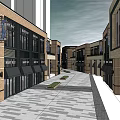 Modern Commercial Street With Storefronts Pedestrian Walkway And Urban Architecture