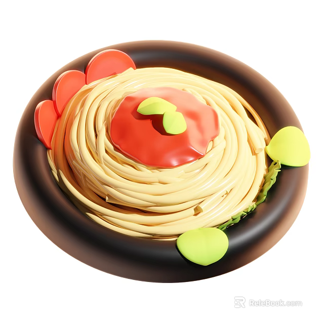 Delicious Spaghetti With Red Sauce And Green Garnish On Black Plate 3d model 