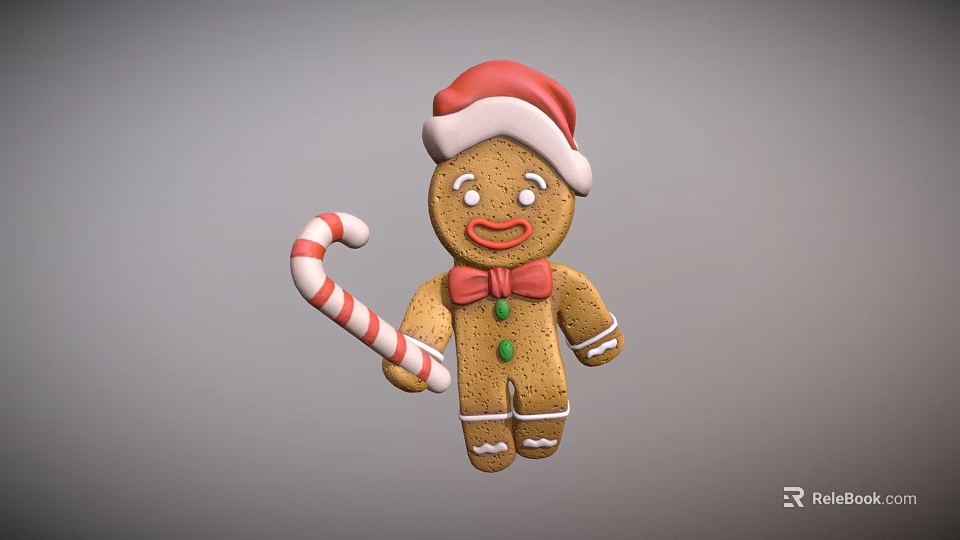 Children's Festive Cheerful Gingerbread Man Wearing Santa Hat Holding Candy Cane 3d model 