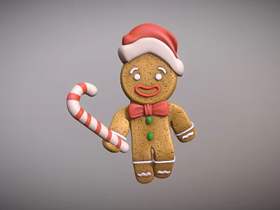 Children's Festive Cheerful Gingerbread Man Wearing Santa Hat Holding Candy Cane 3d model