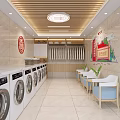 Laundry Room Interior With Two Washing Machines Beige Tiled Walls Red Sign And Ceiling Light