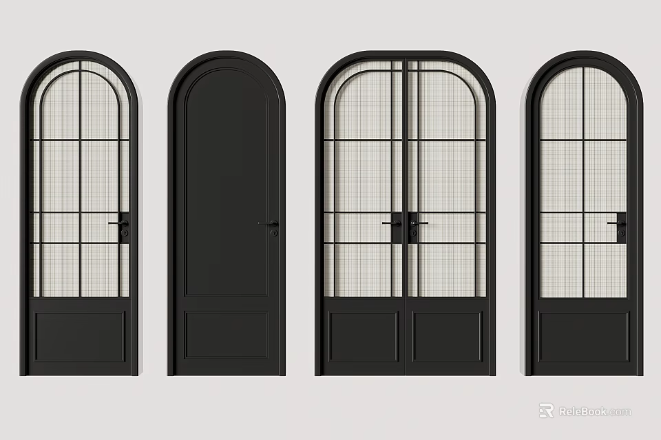 Stylish Black Swing Doors With Various Arched Tops And Glass Grid Panels 3d model 