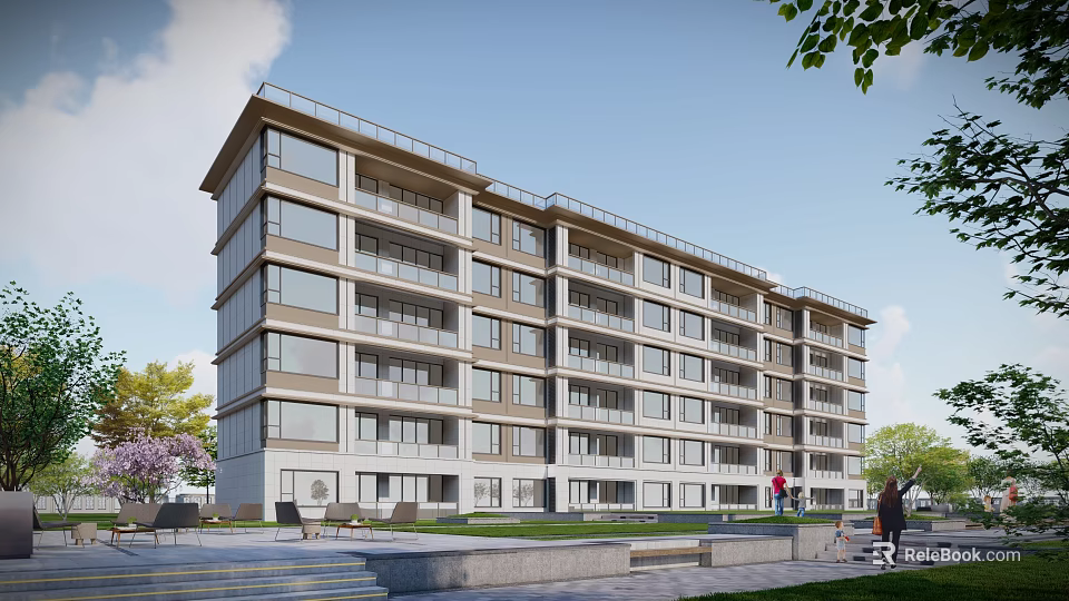 Modern Residential Apartment Building Exterior Featuring Balconies Green Space And People 3d model 
