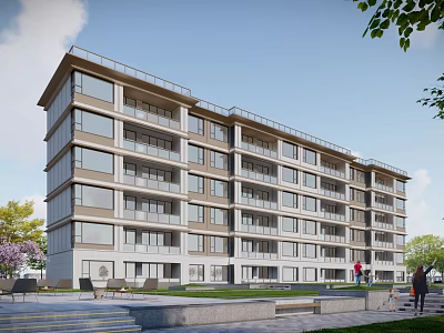 Modern Residential Apartment Building Exterior Featuring Balconies Green Space And People 3d model
