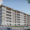 Modern Residential Apartment Building Exterior Featuring Balconies Green Space And People