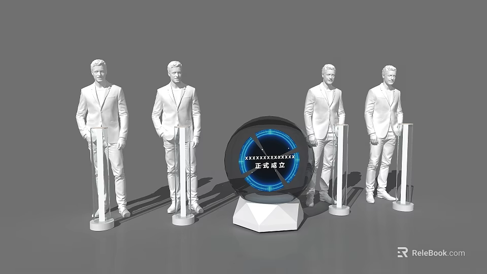 White Suit Mannequins Surround Innovation Device With Blue Clock And Hexagonal Base 3d model