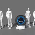 White Suit Mannequins Surround Innovation Device With Blue Clock And Hexagonal Base 3d model