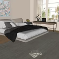 Double Bed In Modern Bedroom Interior With Gray Pillows Black Blanket Sunlight Painting And Dresser