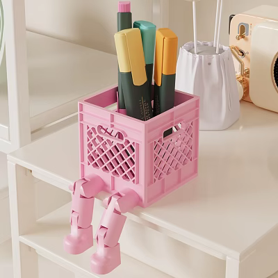 Pink Storage Basket With Lattice Design And Legs For Tabletop Pen Organization 3d model