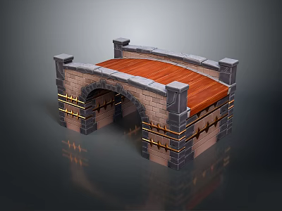 Stone Bridge with Bricked Arched Structure Wooden Deck Stone Railings and Metal Accents 3d model
