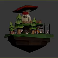 Mushroom Shaped Scene Structure Featuring Red Cap Green Trees Pumpkins Small Mushrooms And Slide