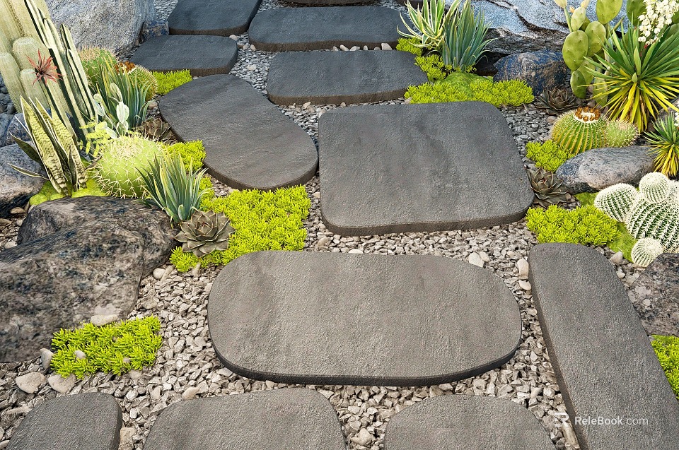 Garden Decor Path With Stone Stepping Stones Succulents Cacti Green Plants Pebbles And Rocks 3d model 