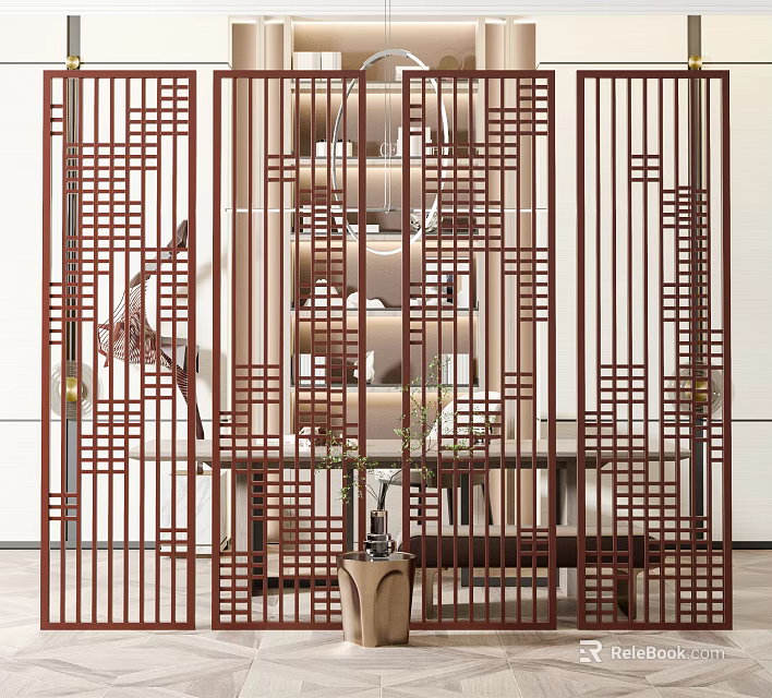 Traditional Chinese Wooden Room Divider With Intricate Carved Patterns In Interior Design 3d model 