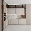 Stylish Modern Kitchen Interior With White Cabinets And Marble Island Countertop
