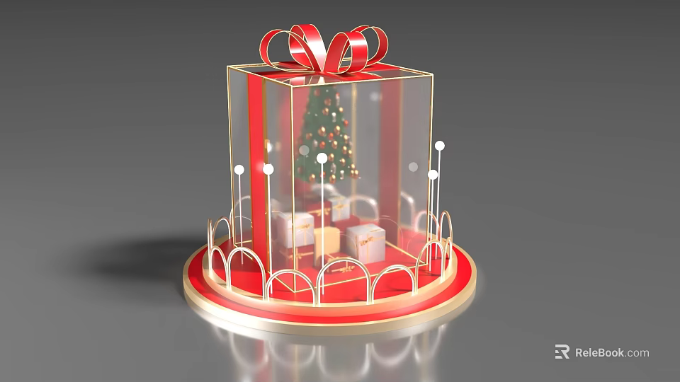 Transparent Gift Box Photo Spot with Christmas Tree Gift Boxes Red Bow and Golden Arches 3d model 
