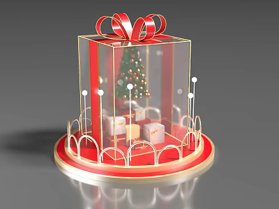 Transparent Gift Box Photo Spot with Christmas Tree Gift Boxes Red Bow and Golden Arches 3d model