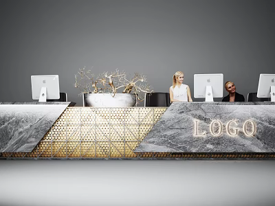 Elegant Reception Desk With Marble Countertop Gold Accents Logo Decorative Branch And Computer Monitors 3d model