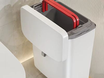 Modern Public Facility White Trash Bin With Red Handle Open Lid In Bathroom 3d model