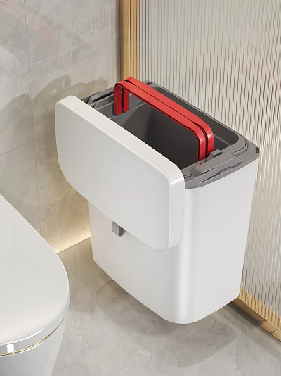 Modern Public Facility White Trash Bin With Red Handle Open Lid In Bathroom 3d model