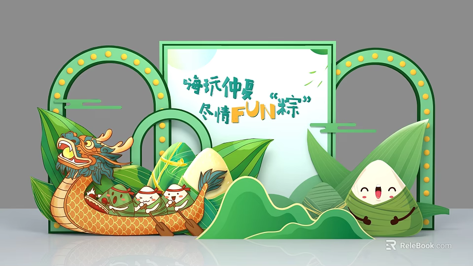 Vibrant Midsummer Dragon Boat Festival With Zongzi And Green Mountain Decorations 3d model 