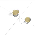 Two White Ceramic Cups With Yellow Beverage Placed On Shiny Silver Tabletop 3d model