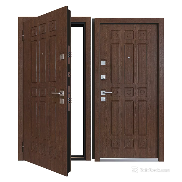 Dark Brown Security Door With Wooden Texture Carved Patterns And Secure Lock Handle 3d model
