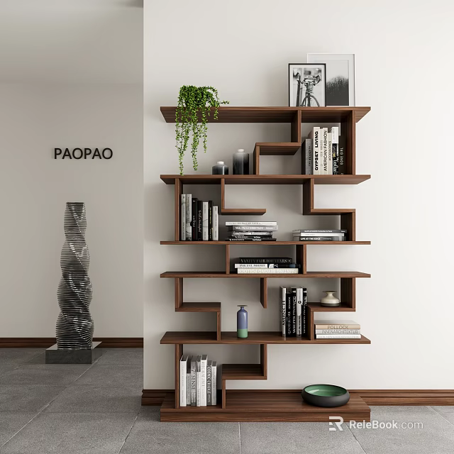 Stylish Irregular Walnut Wooden Bookshelf For Modern Home Book Storage And Art Decor 3d model 