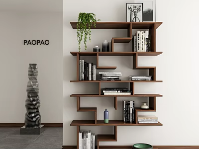 Stylish Irregular Walnut Wooden Bookshelf For Modern Home Book Storage And Art Decor 3d model