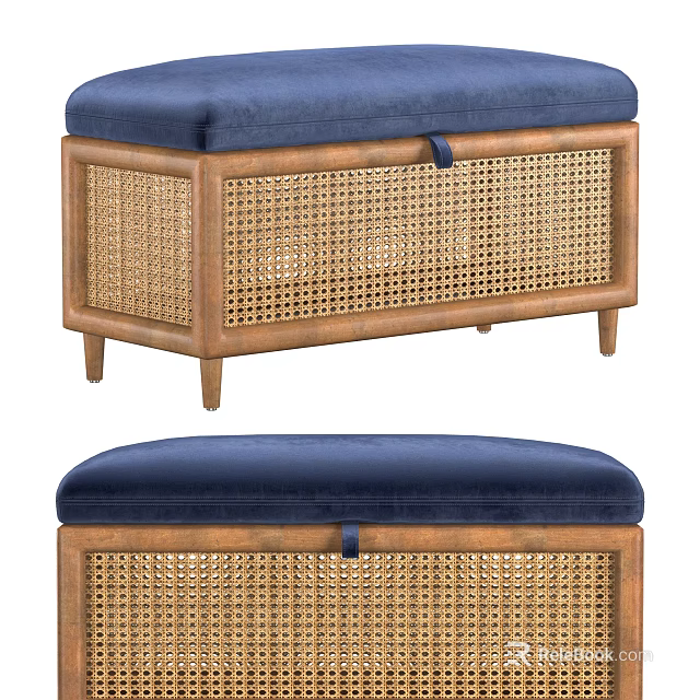 Stylish Storage Ottoman Bench With Navy Blue Cushion Wooden Frame And Rattan Weave Design 3d model 