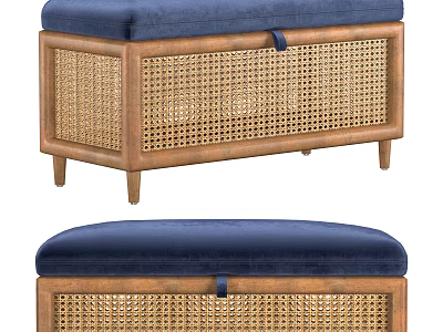 Stylish Storage Ottoman Bench With Navy Blue Cushion Wooden Frame And Rattan Weave Design 3d model