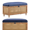 Stylish Storage Ottoman Bench With Navy Blue Cushion Wooden Frame And Rattan Weave Design