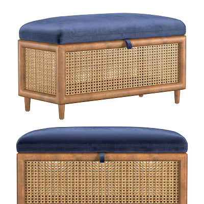 Stylish Storage Ottoman Bench With Navy Blue Cushion Wooden Frame And Rattan Weave Design 3d model