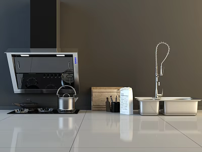 Modern Kitchen With Essential Appliances Range Hood Gas Stove Kettle Sink And Faucet Setup 3d model