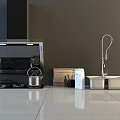 Modern Kitchen With Essential Appliances Range Hood Gas Stove Kettle Sink And Faucet Setup