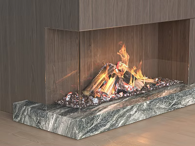 Modern Fireplace with Glass Front Marble Base Decorative Stones and Burning Flames 3d model