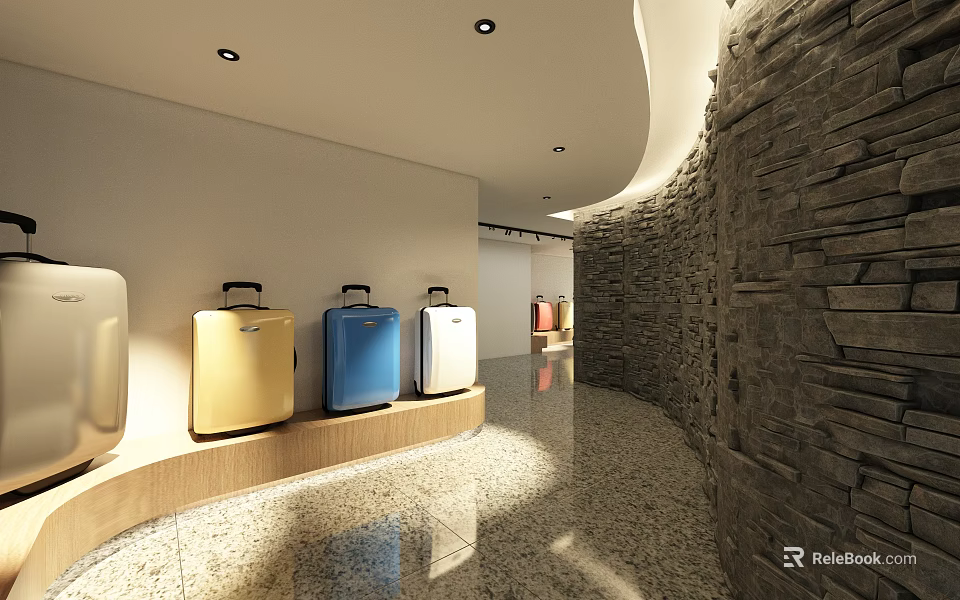 Stylish Luggage Store with Colorful Suitcases Yellow Blue White Stone Wall Decor and Bright Interior 3d model 
