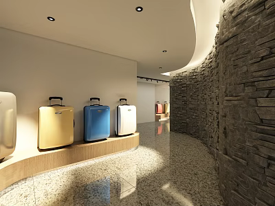 Stylish Luggage Store with Colorful Suitcases Yellow Blue White Stone Wall Decor and Bright Interior 3d model
