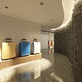Stylish Luggage Store with Colorful Suitcases Yellow Blue White Stone Wall Decor and Bright Interior