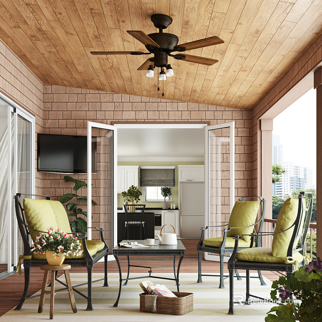 Home Balcony With Wooden Ceiling Ceiling Fan Green Cushion Chairs Coffee Table And Potted Plant 3d model 